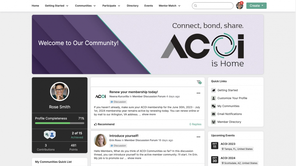 Screenshot of the ACOI Communities home page 