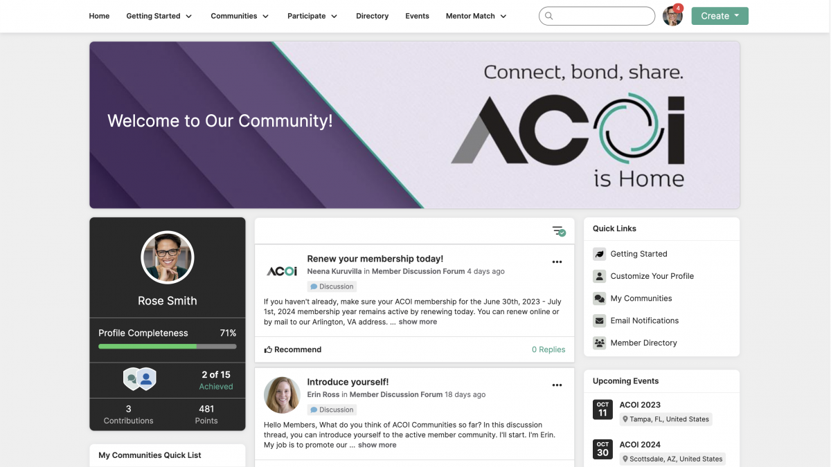 Screenshot of the ACOI Communities home page