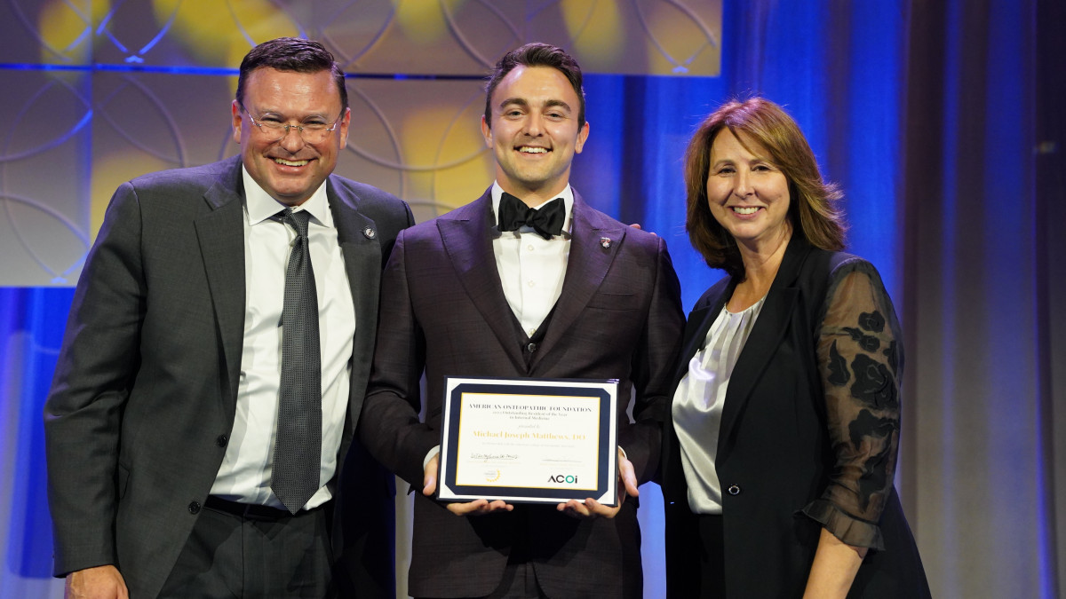 Michael J. Matthews, DO (2023) with Dr. Robert Hasty and AOF CEO Rita Forden